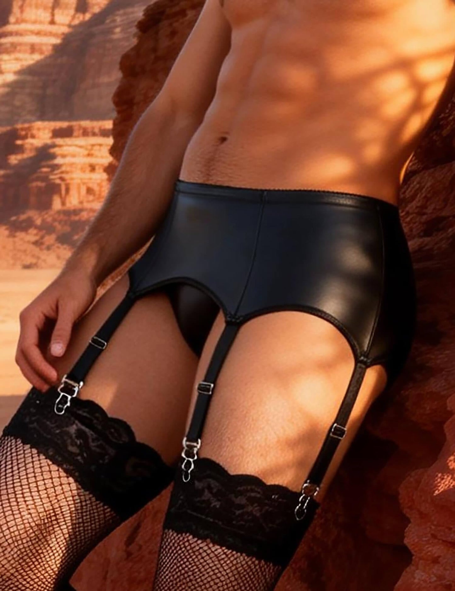 Herren Strapsgürtel PU Leder Schwarz Strumpfhalter für Männer Sissy Dessous Set Strumpfband mit 6 Halter Große Größen Erotische Unterwäsche Garter Belt Hosenträger Strapshalter Schwarz,M