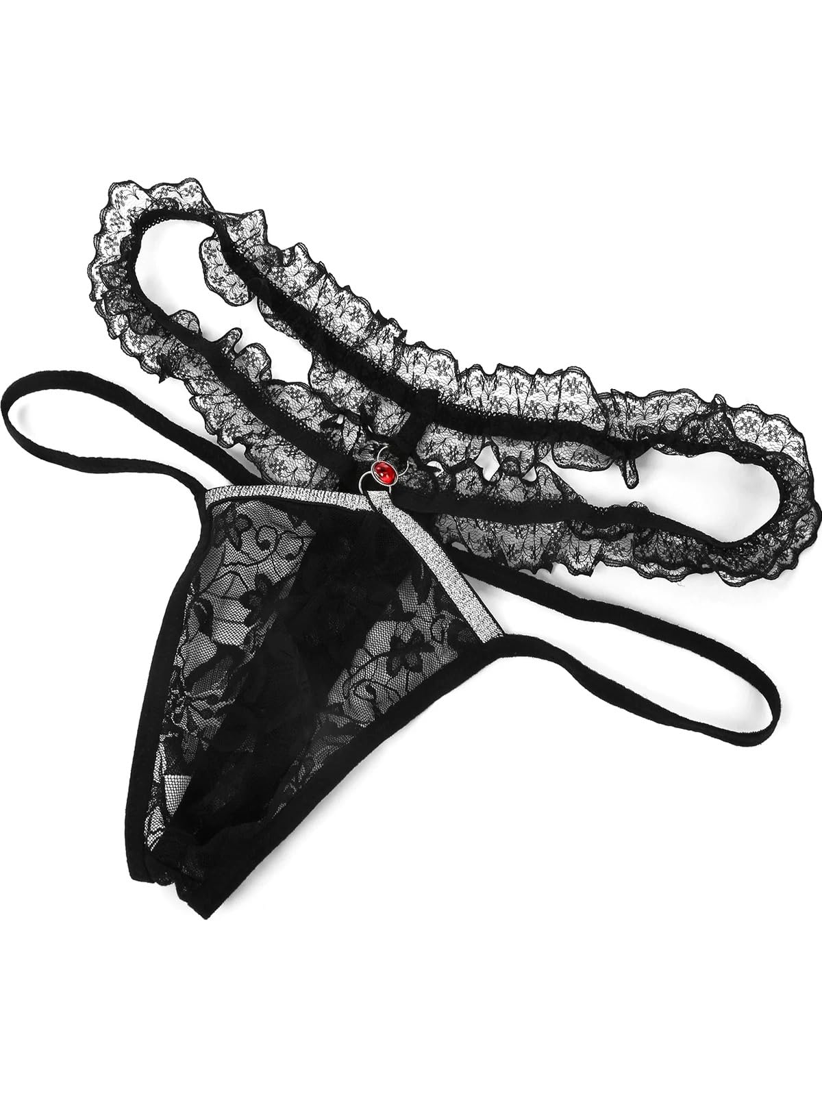 Herren-Stringtanga mit Spitze, Rüschen, Tanga, femininer G-String, Unterwäsche für Herren, sexy Dessous, Schwarz, Einheitsgröße