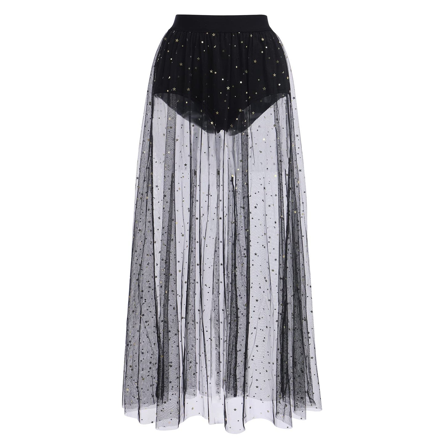 Festival Outfit Damen Rave Techno Sexy 2 in 1 Transparent Mesh Rock Shorts High Waist Maxirock Y2K Glitzer Sterne Pailletten Gothic Tüllrock Teenager Mädchen Party Streetwear Clubwear Schwarz M