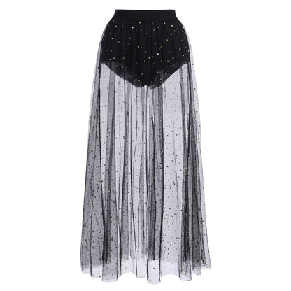 Festival Outfit Damen Rave Techno Sexy 2 in 1 Transparent Mesh Rock Shorts High Waist Maxirock Y2K Glitzer Sterne Pailletten Gothic Tüllrock Teenager Mädchen Party Streetwear Clubwear Schwarz M