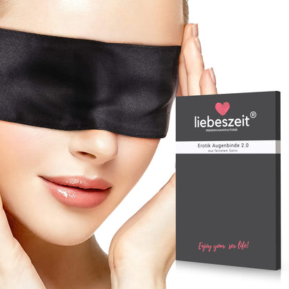 LIEBESZEIT© Premium Augenbinde für Frau Sex - Erotische Augenmaske Augenbinde Schwarz Blindfold Mask aus Satin - 100% Blickdicht Fesseln Bondage Sextoysets Sexpielzeug für Paare Extrem