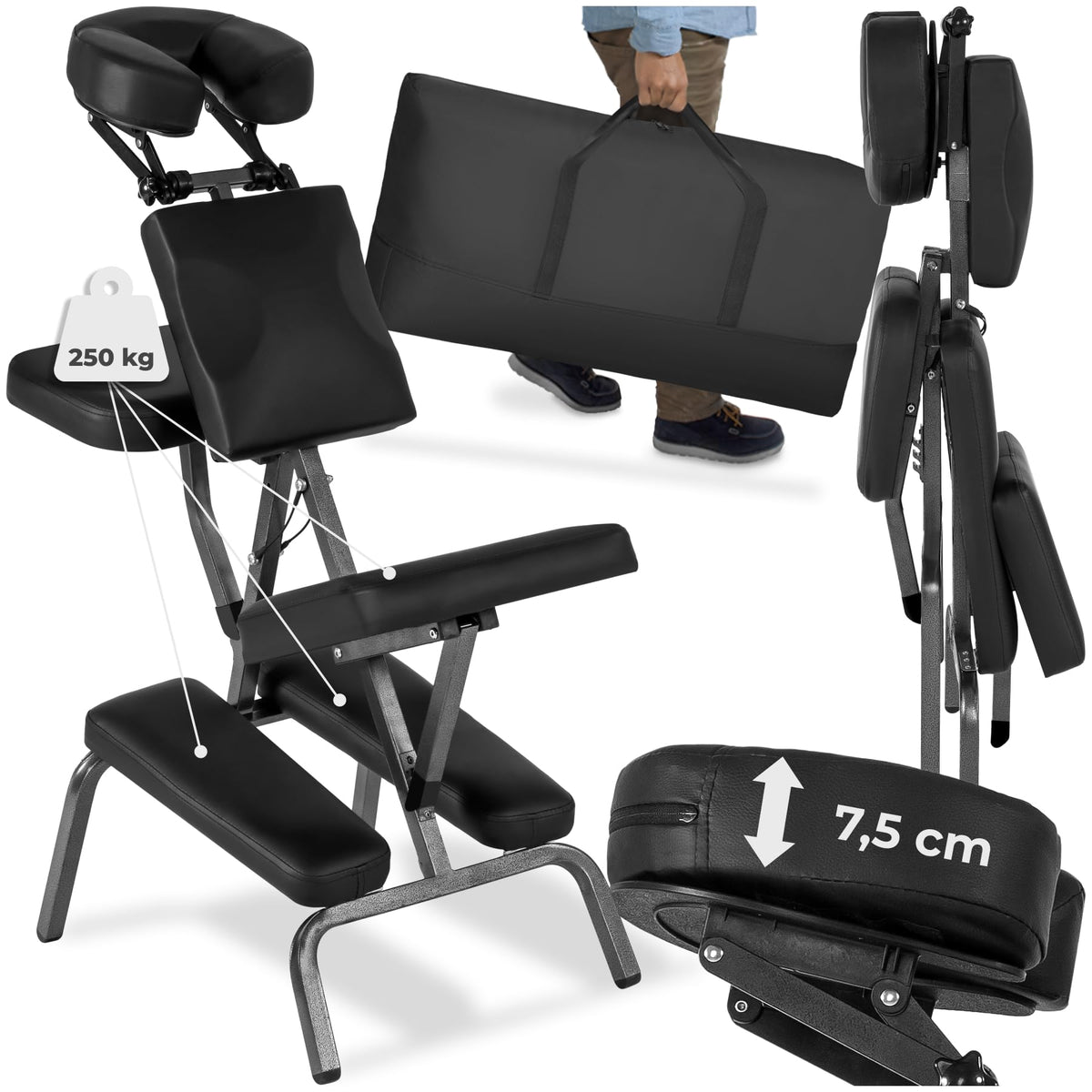 Massagestuhl klappbar, ergonomischer Hocker ohne Armlehne, Mobile Portable Behandlungsliege zusammenklappbar, Massage Stuhl mit Zubehör Tragetasche - schwarz