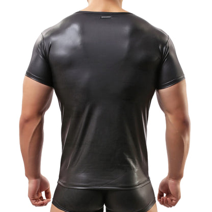 Herren Sexy T-Shirt,Lackleder Kurzarm Wetlook Top Unterhemd Fitness Latex Shirts Tank Top Slim Fit(L)