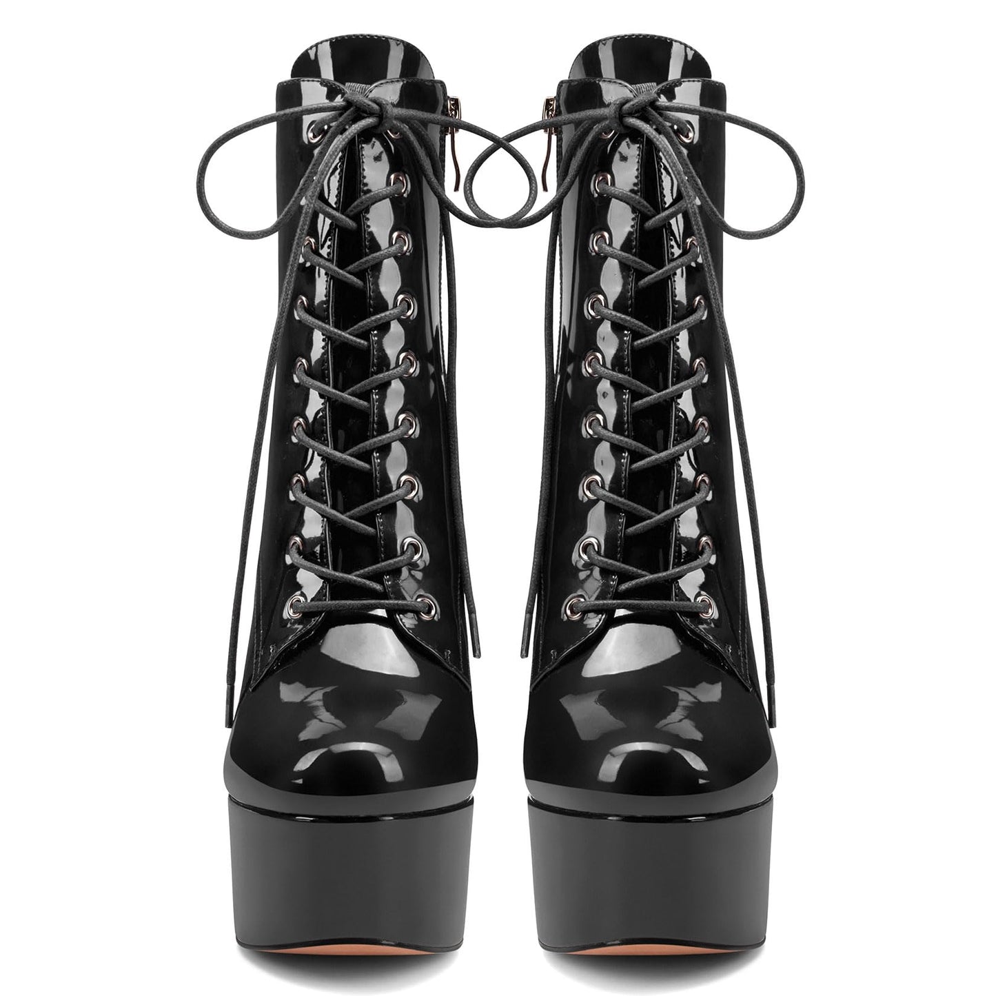 Damen Stiletto Hoher High Plateau Plattform Absatz Heel Runde Zehenkappe Schnüren Schnürung Reißverschluss Dress Klassisch Stiefeletten Schwarz Lackleder 42 EU