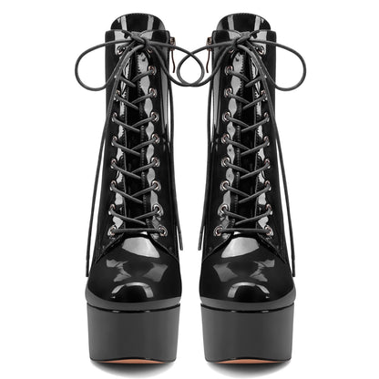 Damen Stiletto Hoher High Plateau Plattform Absatz Heel Runde Zehenkappe Schnüren Schnürung Reißverschluss Dress Klassisch Stiefeletten Schwarz Lackleder 42 EU