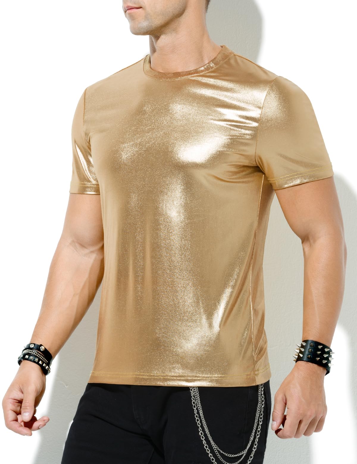 Herren Metallic Glänzend Shirt Nachtclub T-Shirts Clubwear, L
