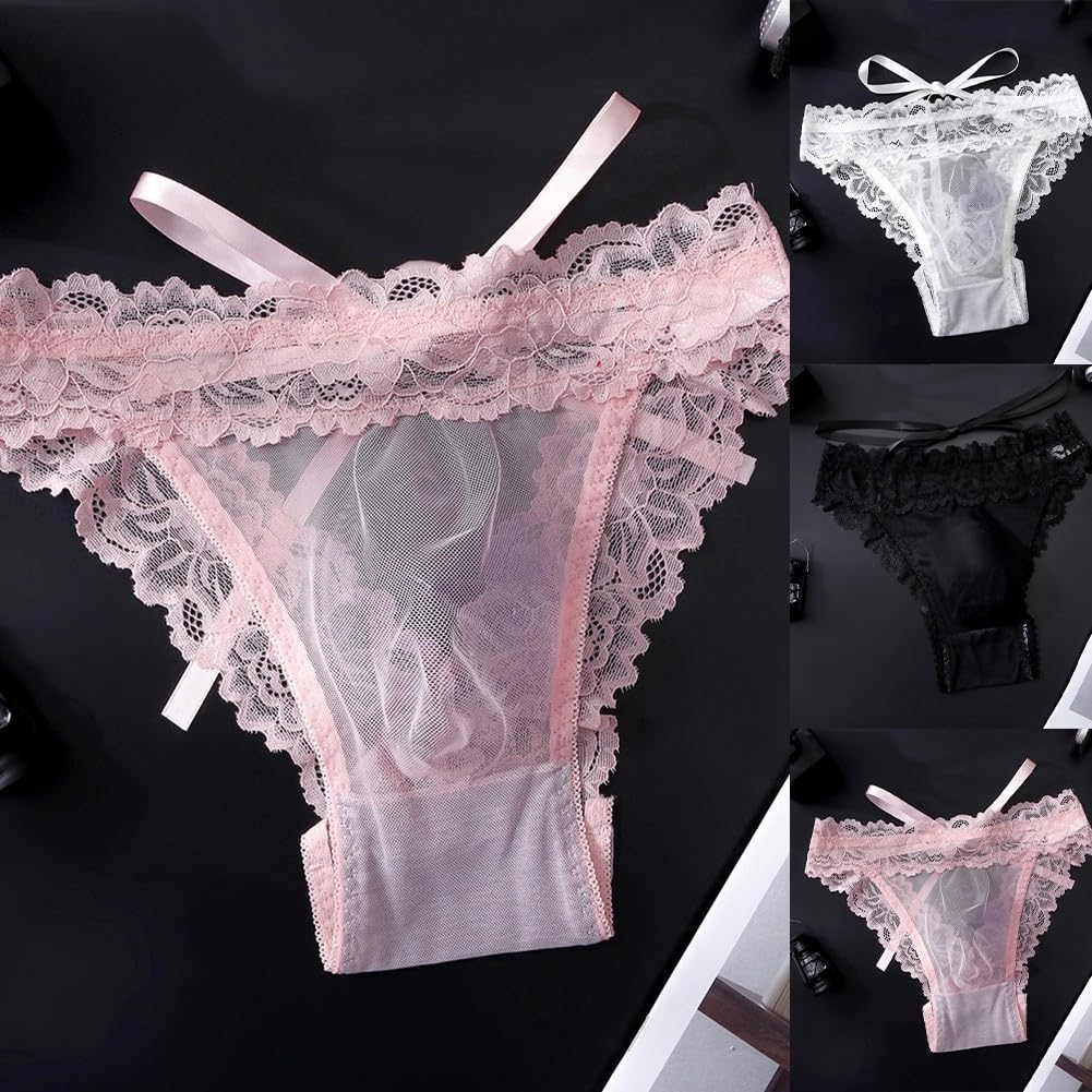 Herren Slip Aus Spitze Und Netz Mit Schleife Durchsichtig 3d Beutel Atmungsaktiv Ice Silk Unterwäsche Reizwäsche Schwarz Größe M(M Pink)