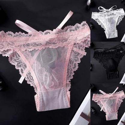 Herren Slip Aus Spitze Und Netz Mit Schleife Durchsichtig 3d Beutel Atmungsaktiv Ice Silk Unterwäsche Reizwäsche Schwarz Größe M(M Pink)
