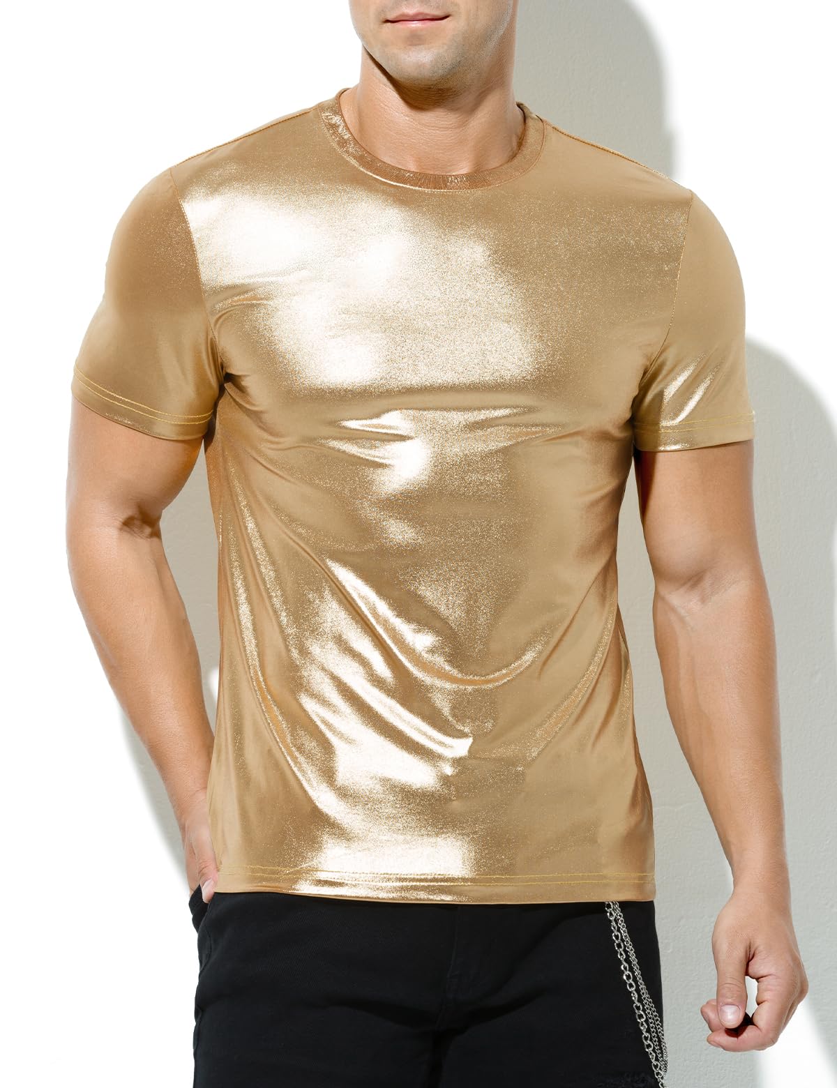 Herren Metallic Glänzend Shirt Nachtclub T-Shirts Clubwear, L