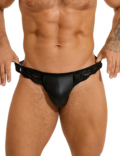String Tanga Herren Sexy Dessous Kunstleder Unterwäsche Männer Erotisch Wetlook Spitze Höschen Slips Thong Ouvert Transparent Unterhosen T-Back Sissy Reizwäsche Gay Große Größen Schwarz L