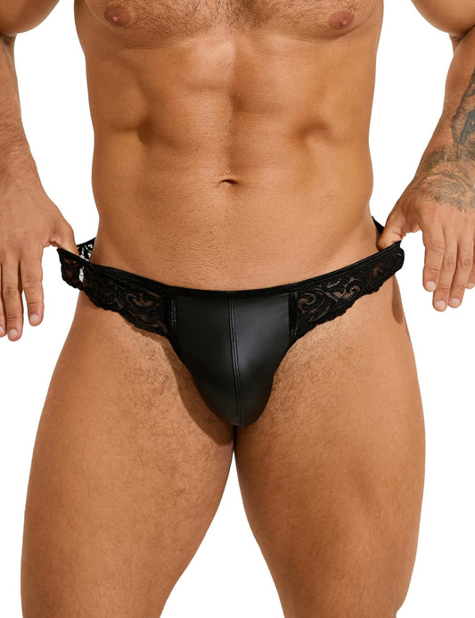 String Tanga Herren Sexy Dessous Kunstleder Unterwäsche Männer Erotisch Wetlook Spitze Höschen Slips Thong Ouvert Transparent Unterhosen T-Back Sissy Reizwäsche Gay Große Größen Schwarz L