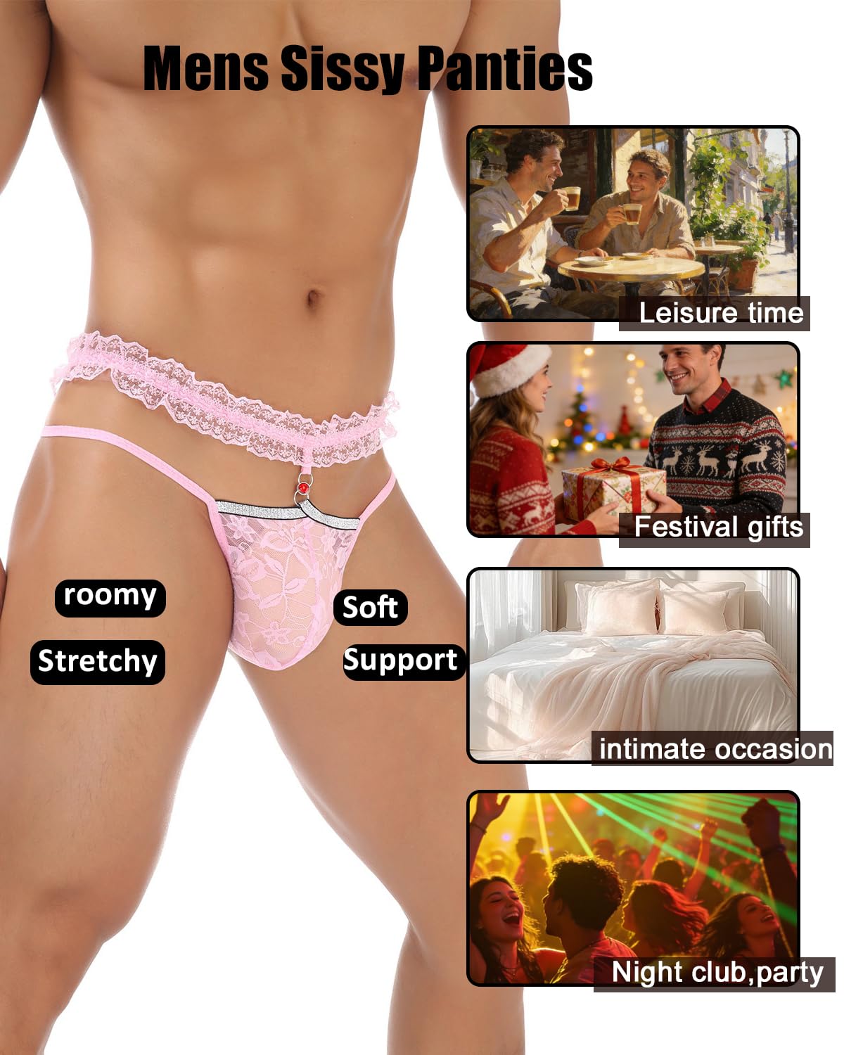 Herren-Stringtanga mit Spitze, Rüschen, Tanga, femininer G-String, Femboy - Crossdresser, Pink