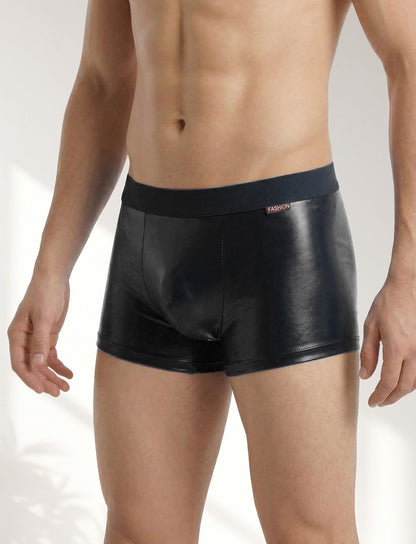 Herren PU-Leder Unterwäsche Reizwäsche Boxer Brief Shorts, Unterwäsche Trunks Bikini Mid-Rise Schwarz L