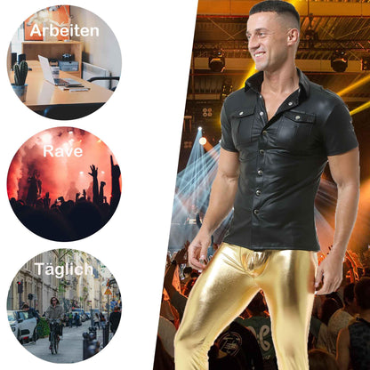 Herren Kunstleder Hemd mit 2 Taschen Button Down Halsausschnitt Kurzarm Weste für die Arbeit Business Casual