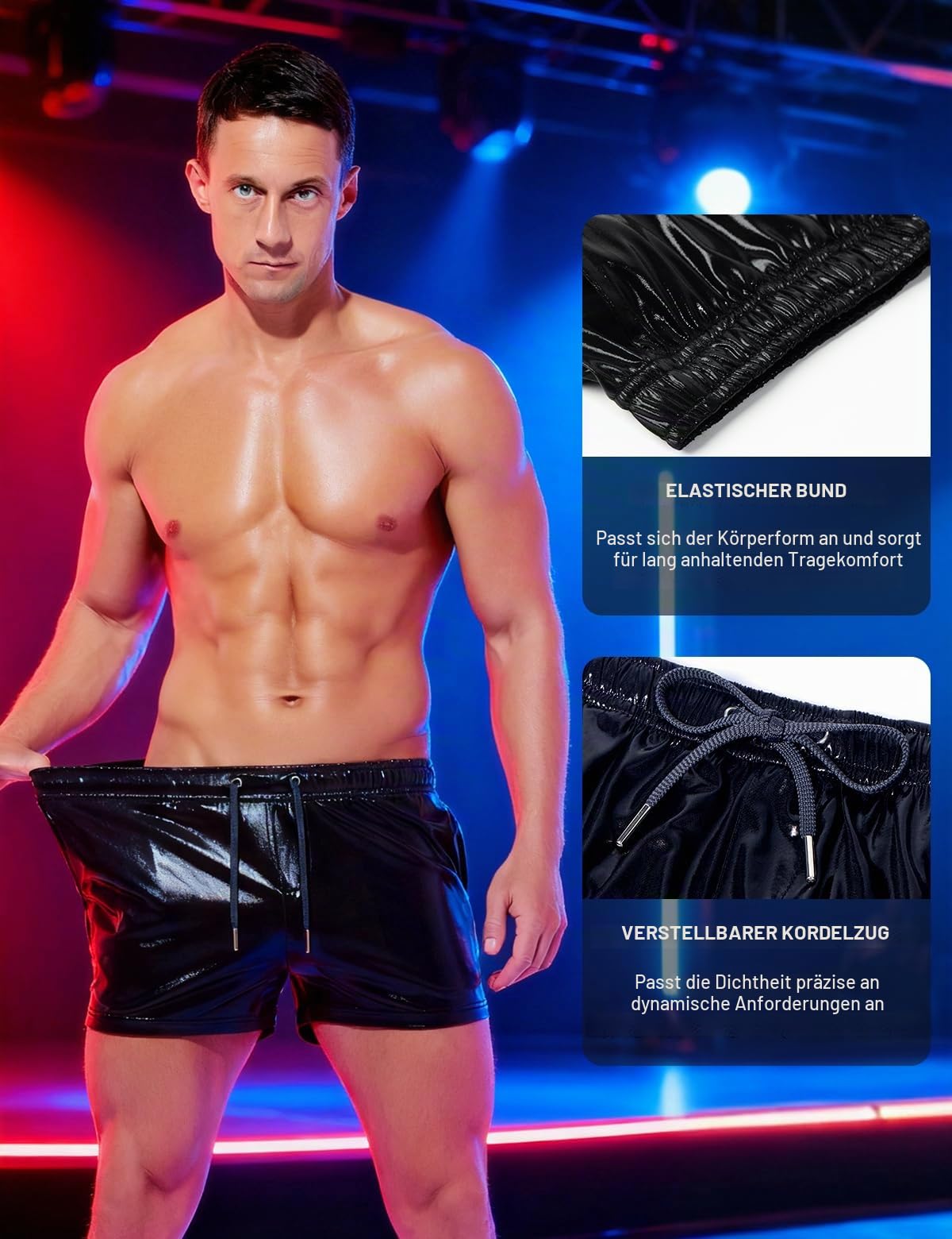 Metall Shorts Herren Glänzende Kurze Hose Party Gold Silber, L