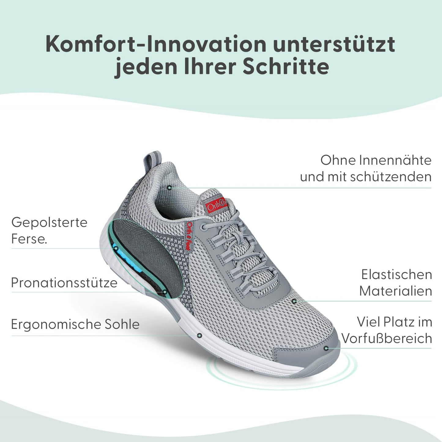 Orthofeet Orthopädischer Herren Sneaker Edgewater Grau, Größe 40 Weit