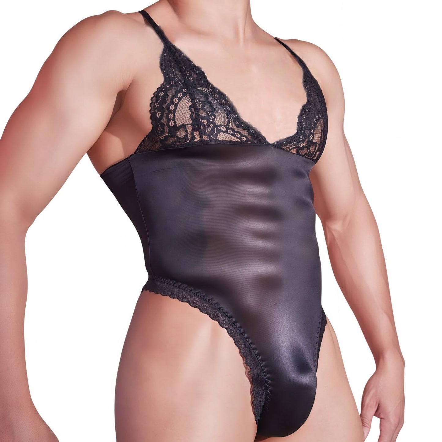 Herren Body aus Netz Spitze sexy Ölglanz Lingerie durchsichtig Einteiler Unterwäsche mit Slip schwarz Body für Club Nachtwäsche Style A