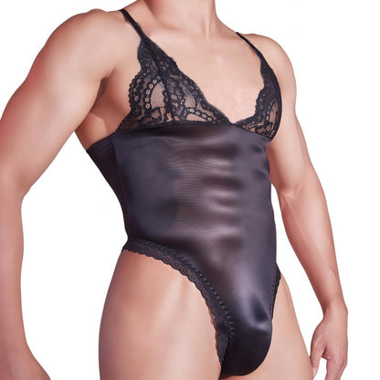 Herren Body aus Netz Spitze sexy Ölglanz Lingerie durchsichtig Einteiler Unterwäsche mit Slip schwarz Body für Club Nachtwäsche Style A
