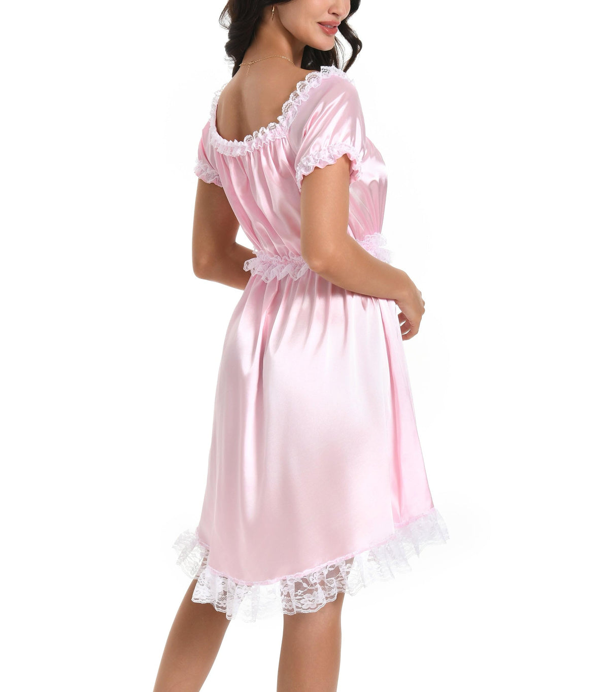 Satini Sissy Satin Nachthemd Maid Spitze Rüschen Dessous, Zartrosa, S