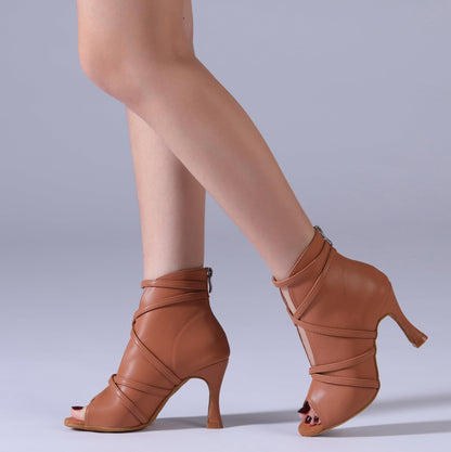 Tanzschuhe fur Damen Latein Bequem Abend Party Stiefel Sandalen L579 Tan 9cm Absatz EU 38