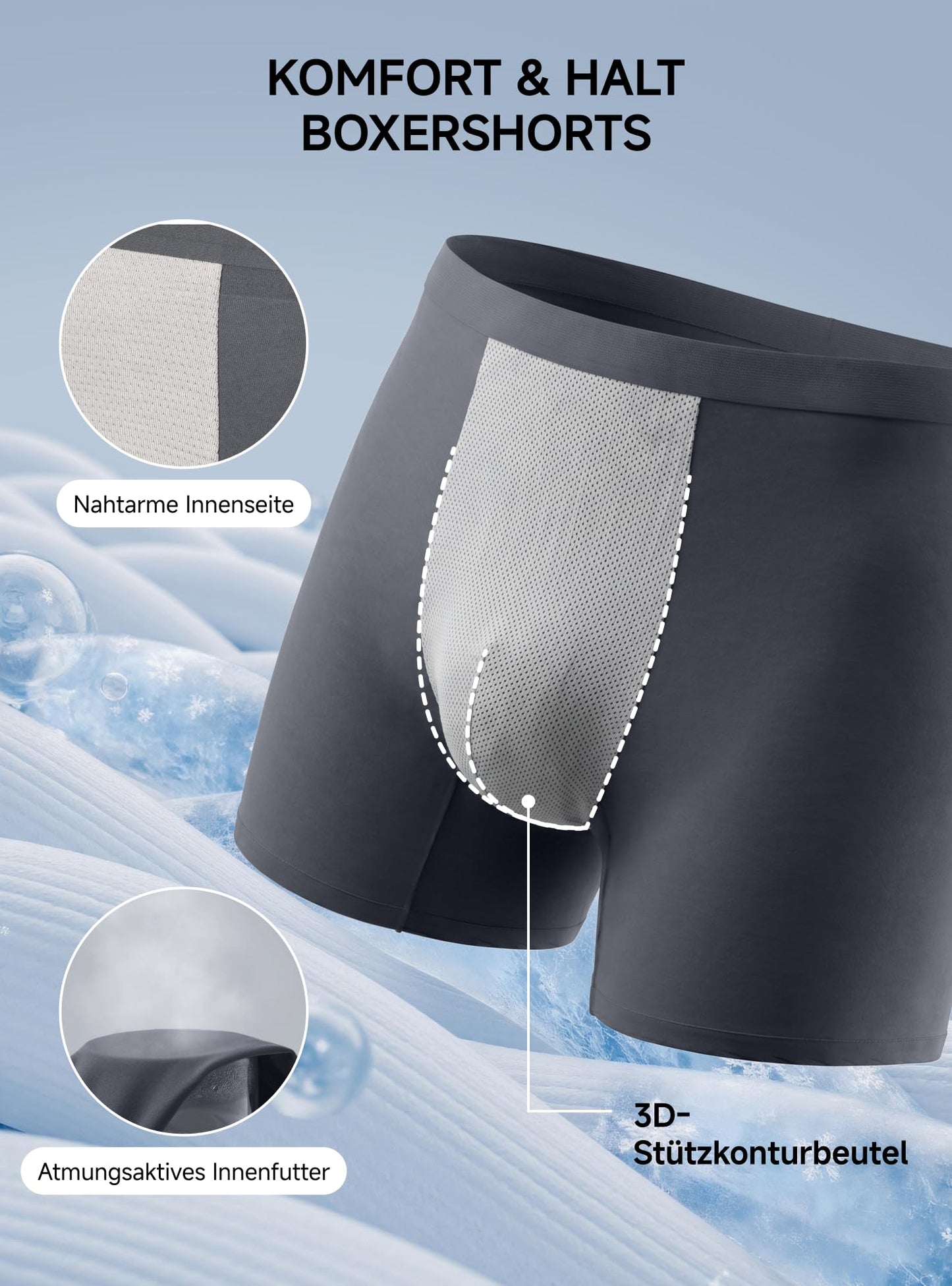 TRENDOUX Boxershorts Herren, Atmungsaktive Eisseide Unterhosen mit Nahtlosem Bund & Langem Bein, Komfortable Retroshorts mit 3D-Pouch, Anti-Chafing, 3er Pack XL