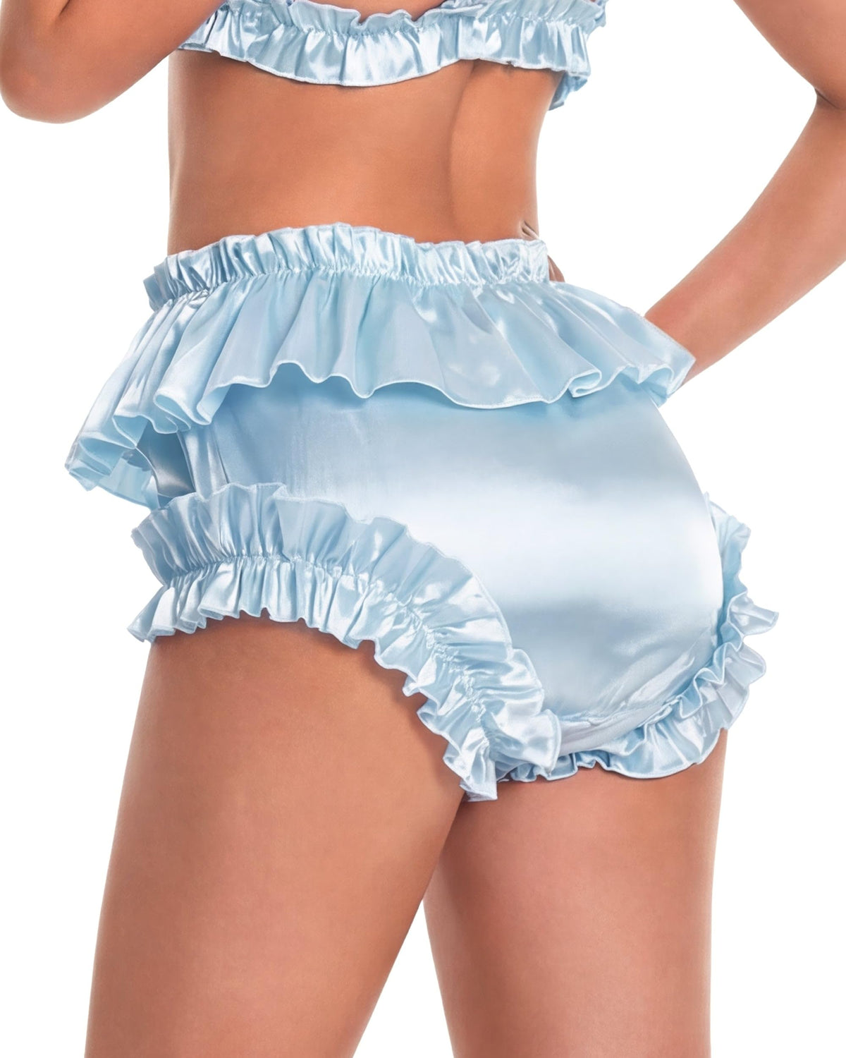 Satini Sissy Satin Slip Weit Geschnitten Rüschen Maid, Babyblau, M