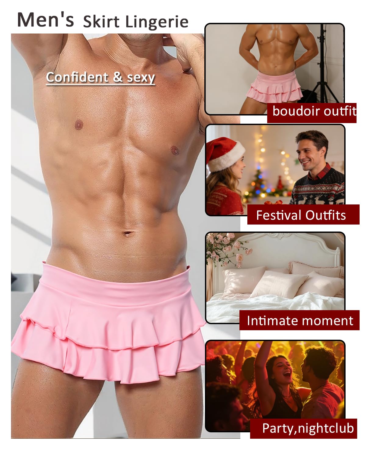 Herren-Mini-Rüschenrock, sexy mehrlagiger Faltenrock, Sissy-Kostüm, Dessous,, Rollenspiele, Pink