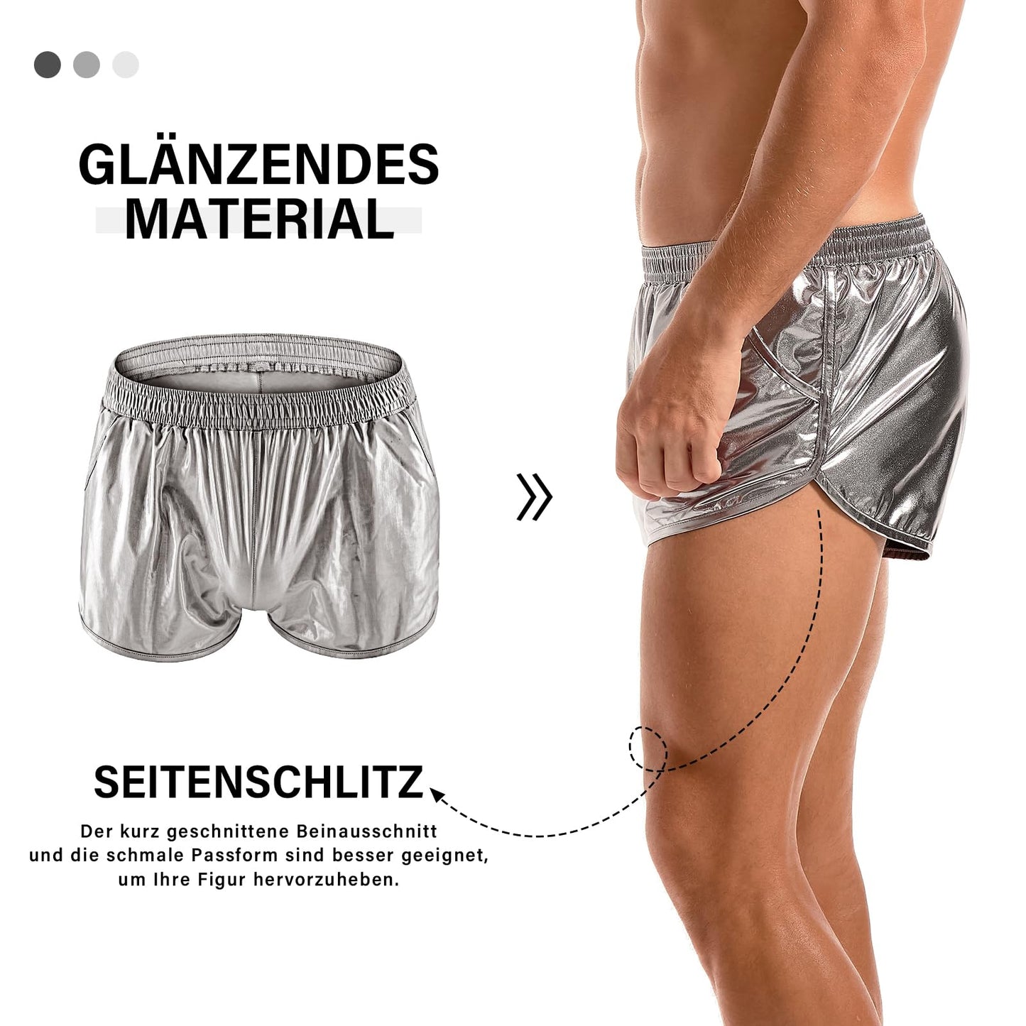 Herren Sexy Metallic Shorts Glitzer Kurze Hose (Silber, L)