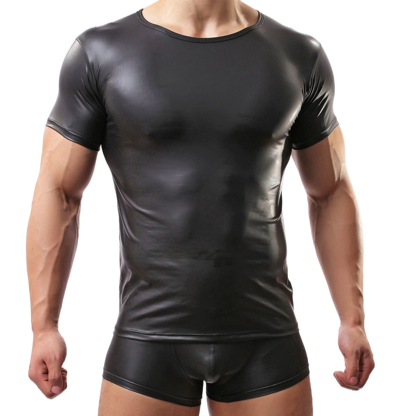 Herren Sexy T-Shirt,Lackleder Kurzarm Wetlook Top Unterhemd Fitness Latex Shirts Tank Top Slim Fit(L)