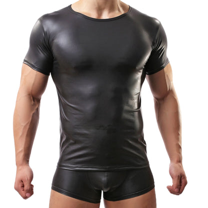 Herren Sexy T-Shirt,Lackleder Kurzarm Wetlook Top Unterhemd Fitness Latex Shirts Tank Top Slim Fit(L)