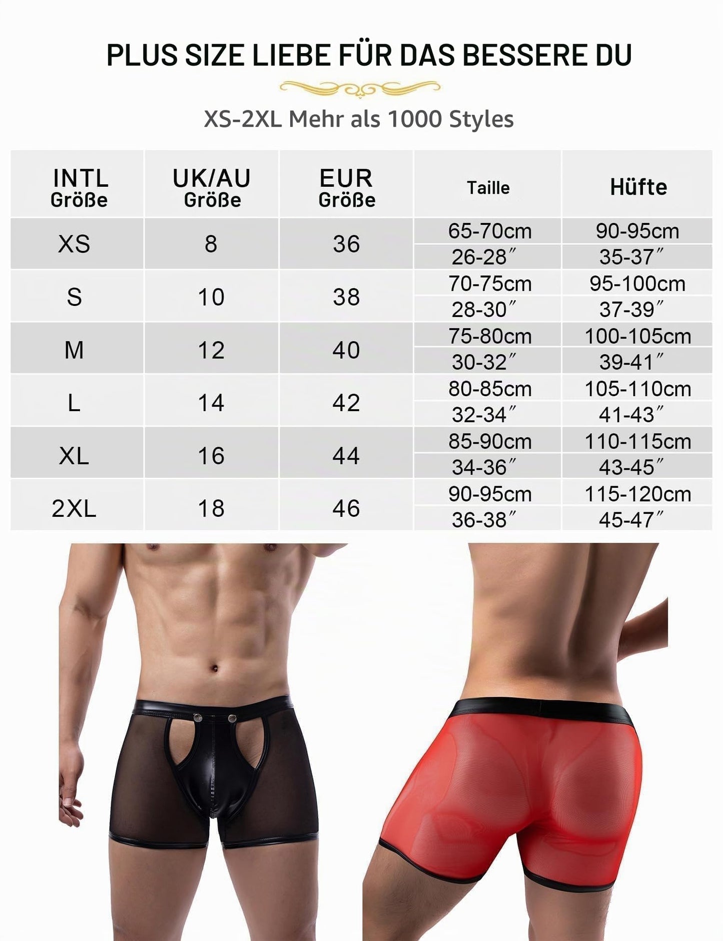 Herren Boxershorts mit Druckknöpfe Leder Unterhosen Schwarz M