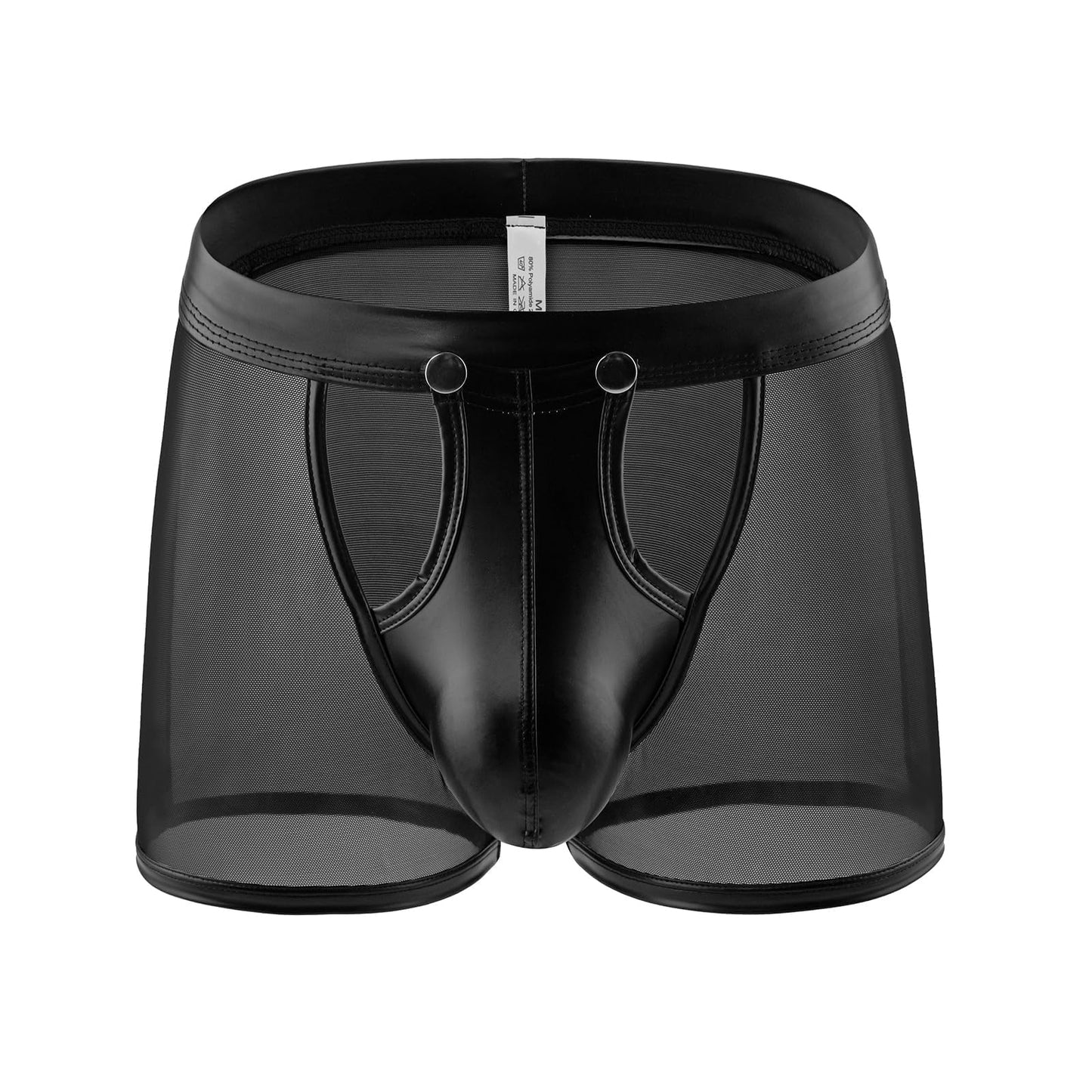 Herren Sexy Mesh Boxer Kurze Sehen Durch Faux Leder Herren Boxershorts Clubwear Knopf Abnehmbare Tasche Unterwäsche (DE/NL/SE/PL, Alphanumerisch, XXL, Regular, Regular, Short-Black Hollow)