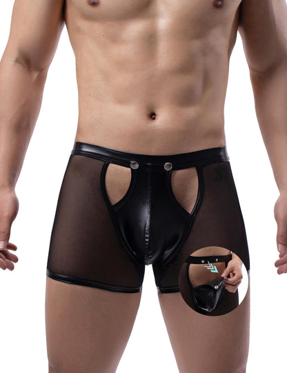 Herren Sexy Mesh Boxer Kurze Sehen Durch Faux Leder Herren Boxershorts Clubwear Knopf Abnehmbare Tasche Unterwäsche (DE/NL/SE/PL, Alphanumerisch, XXL, Regular, Regular, Short-Black Hollow)