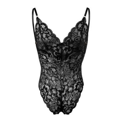 Reizwäsche Herren Spitze String Bodysuit transparent Sissy Dessous Stringbody mit verstellbaren Trägern V-Ausschnitt, erotische Nachtwäsche für Männer