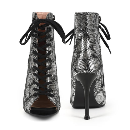 Damen Heeled Sandalen Burju Dance Heels Peeptoe Schnürung Gladiator Stiefeletten Stiletto Dressy Party Pole Dance Schuhe Leder Metallisch Snake Print Size 40