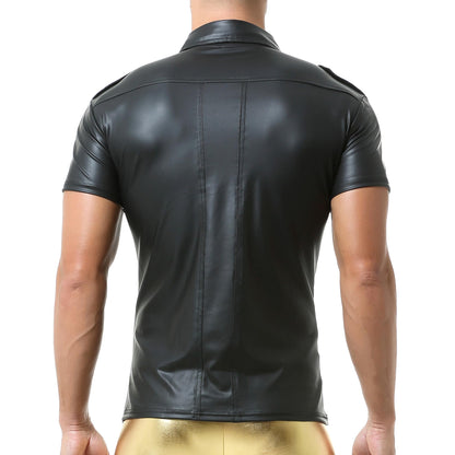 Herren Kunstleder Hemd mit 2 Taschen Button Down Halsausschnitt Kurzarm Weste für die Arbeit Business Casual