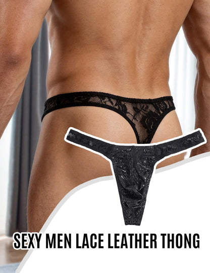 comeondear String Tanga Männer Kunstleder Slip Sexy Spitze Thong Schwarz XL