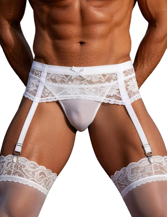 Herren Strapsgürtel Spitze Sexy Strumpfhalter Set String Weiß XL