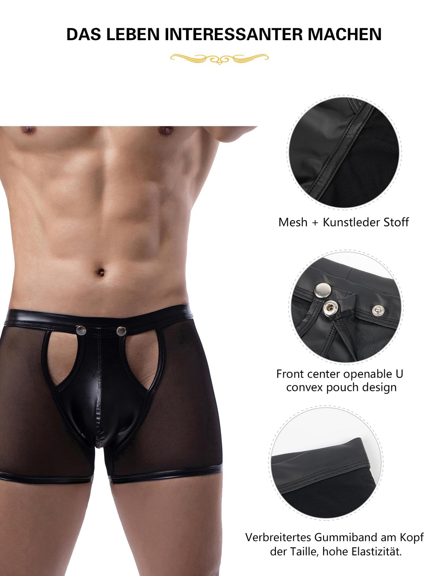 Herren Sexy Mesh Boxer Kurze Sehen Durch Faux Leder Herren Boxershorts Clubwear Knopf Abnehmbare Tasche Unterwäsche (DE/NL/SE/PL, Alphanumerisch, XXL, Regular, Regular, Short-Black Hollow)