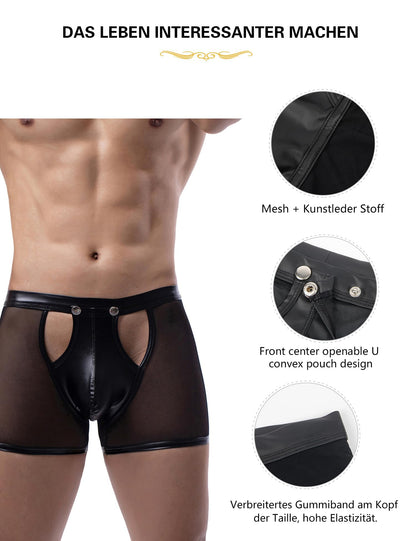 Herren Sexy Mesh Boxer Kurze Sehen Durch Faux Leder Herren Boxershorts Clubwear Knopf Abnehmbare Tasche Unterwäsche (DE/NL/SE/PL, Alphanumerisch, XXL, Regular, Regular, Short-Black Hollow)