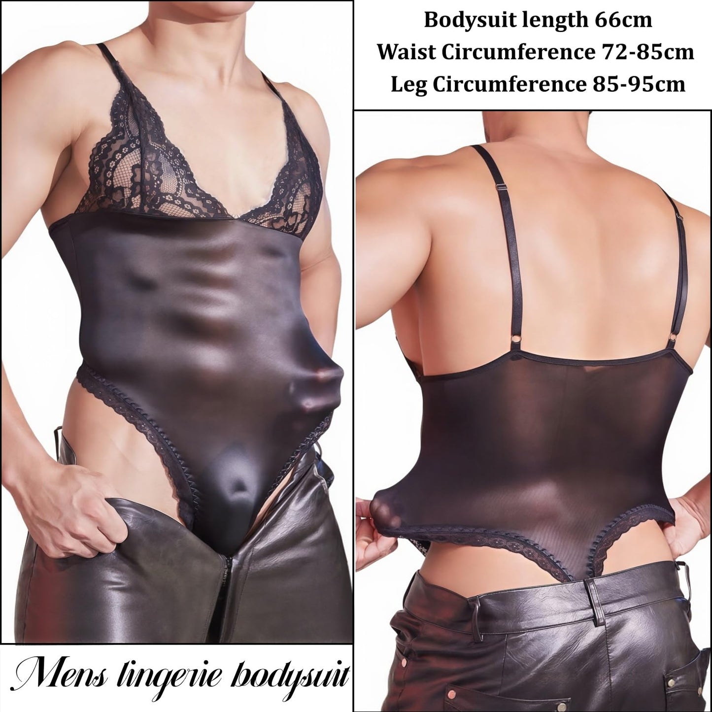 Herren Body aus Netz Spitze sexy Ölglanz Lingerie durchsichtig Einteiler Unterwäsche mit Slip schwarz Body für Club Nachtwäsche Style A