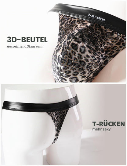 String Herren Sexy Tanga Männer Unterwäsche Leopard G String Mit PU Leder Gürtel