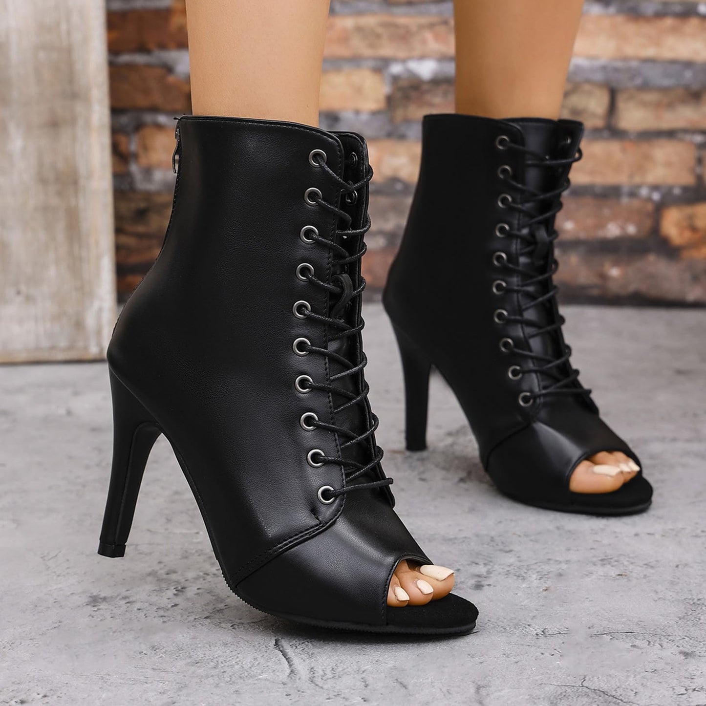 Minetom Damen Gladiator Sandalen Pu Dance Heels Strappy Tanzschuhe Latein Peep-Toe Pumps Schnür Stiefeletten B Schwarz 42 EU