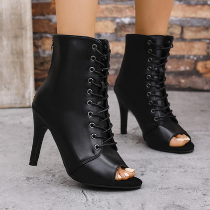 Minetom Damen Gladiator Sandalen Pu Dance Heels Strappy Tanzschuhe Latein Peep-Toe Pumps Schnür Stiefeletten B Schwarz 42 EU