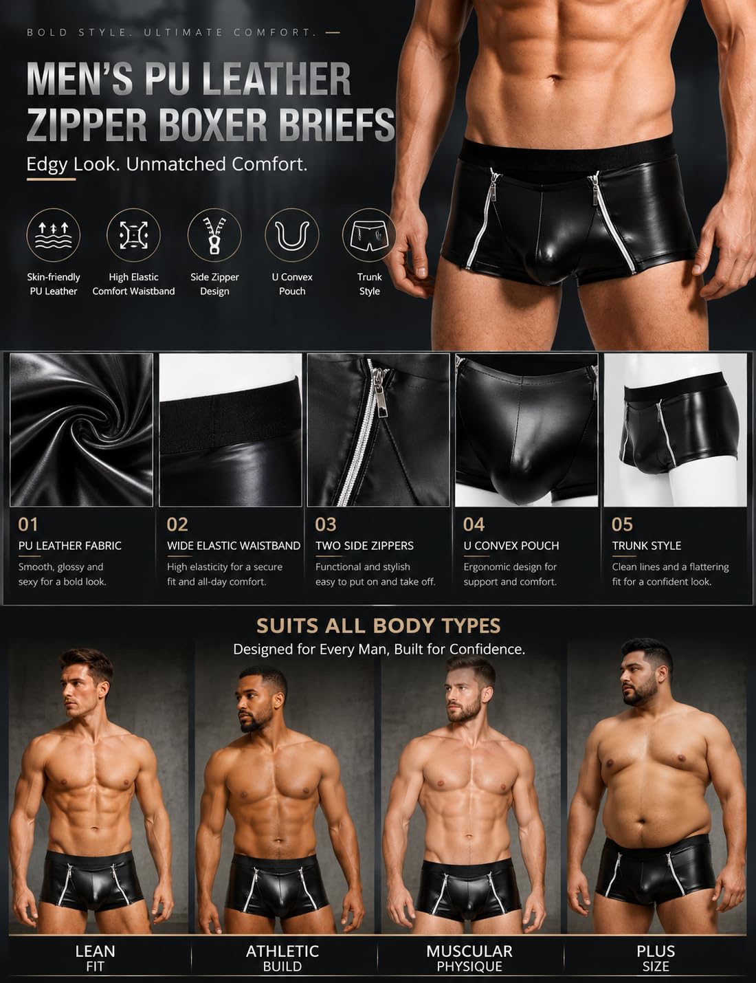 Herren Boxershorts Sexy PU Leder Slip Erotisch Schwarz,XL
