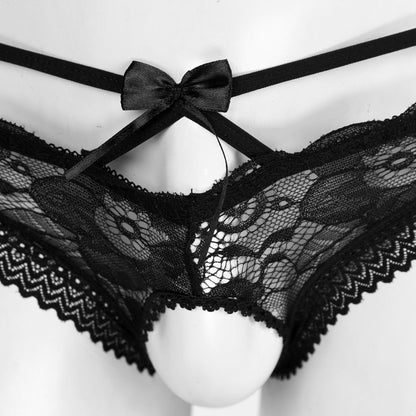 Herren Sissy Unterwäsche Ouvert Slip - Unterhose Offen Schritt Höschen Transparent mit Spitze - Dessous Reizwäsche