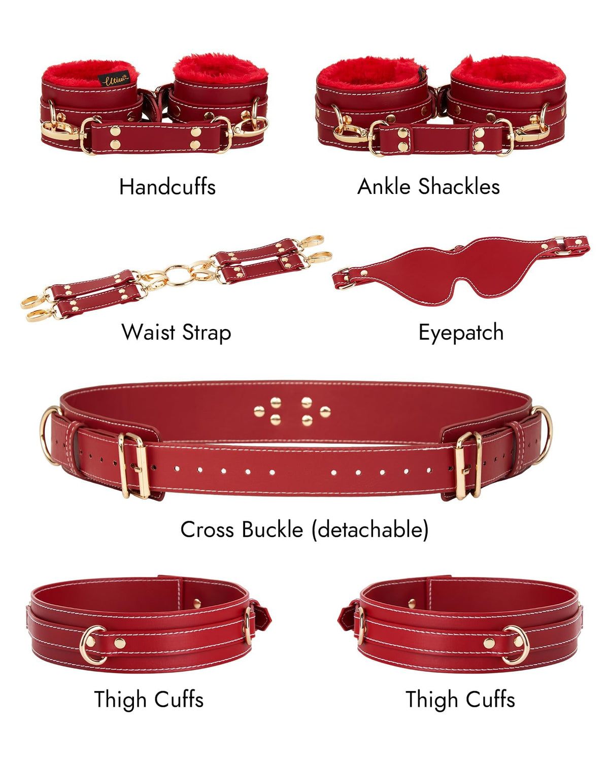 Sex Bondage BDSM Kit Fesseln 6PCS Sets mit Verstellbaren Handschellen Fußfessel Oberschenkelmanschetten Augenbinde Kreuzgurt Taillengurt SM Erwachsene Sexspielzeug für Männer Frauen und Paare