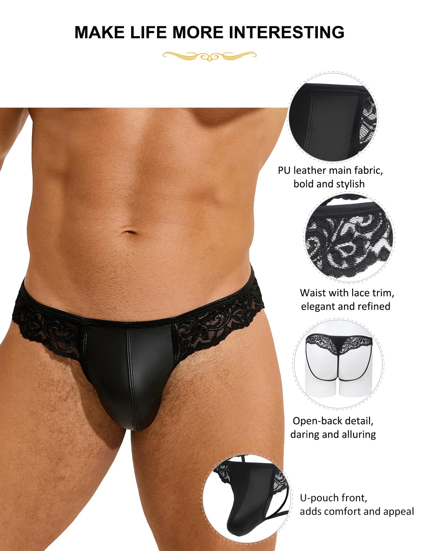String Tanga Herren Sexy Dessous Kunstleder Unterwäsche Männer Erotisch Wetlook Spitze Höschen Slips Thong Ouvert Transparent Unterhosen T-Back Sissy Reizwäsche Gay Große Größen Schwarz L
