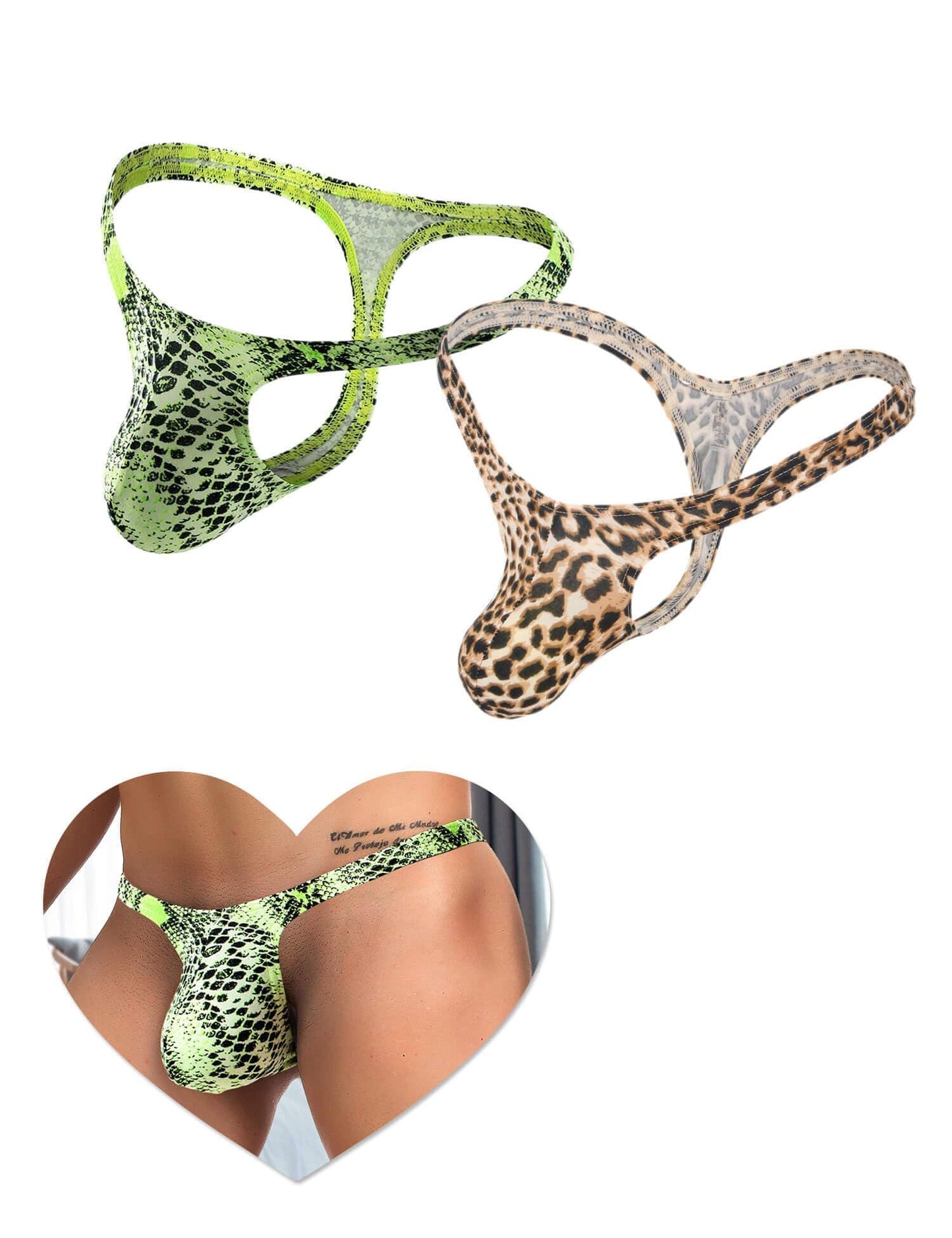 2pcs String Tanga Herren Sexy Unterwäsche für Mann T-Back Slip Beule Ouvert Höschen Männer Große Größen Reizwäsche Sissy Dessous Low-Rise Unterhosen Thong Ouvert Underwear Grün+Leoprd S