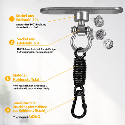 Deckenhaken Hängesessel Schwingfeder, 360° drehbar mit Lager Schwerlast Edelstahl Schaukelhaken Aufhängung Hängesessel für Hängematten Spielgeräte Sandsäcke Yoga Holzbalken und Betondecken